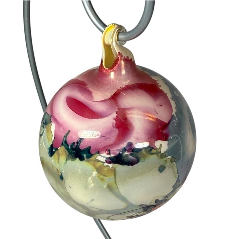 Hand Blown Glass Ornament Pink Blue White Marbled 3.5”